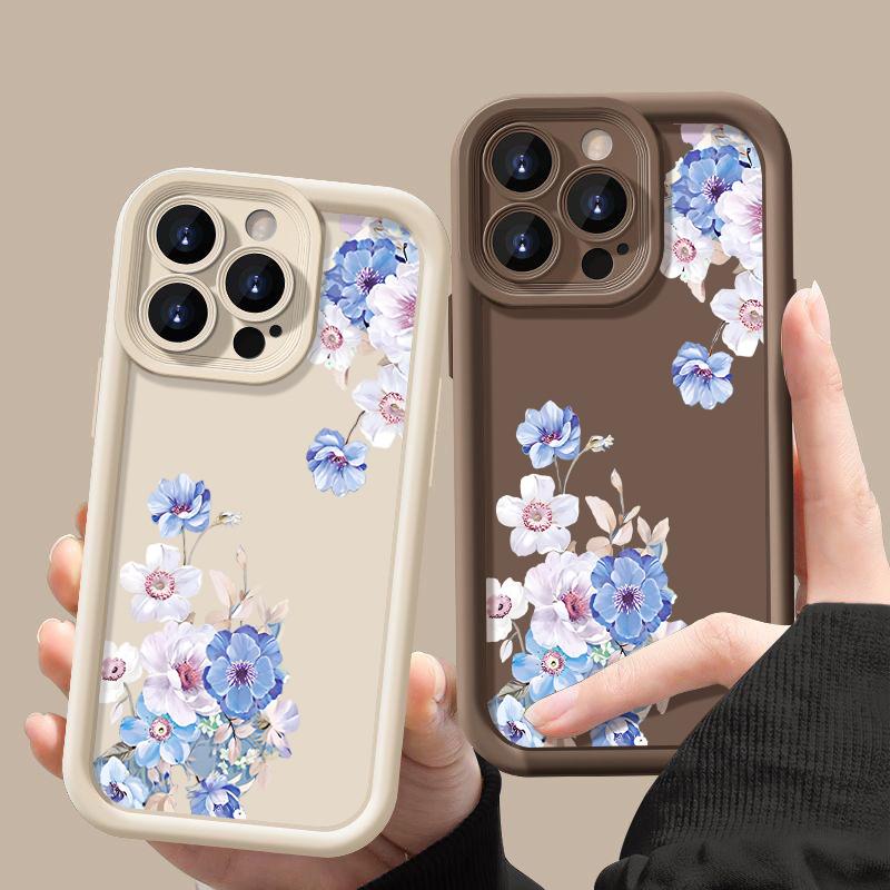 Prosty niebieski kwiatowy nadruk odporny na wstrząsy matowy futerał na telefon TPU do iPhone'a 16 Pro 15 Pro Max 14 Plus 13 12 11 XR XS 8 7 Ochrona obiektywu miękka tylna obudowa