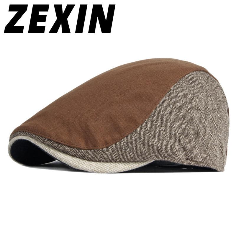 ZEXIN Autumn and Winter Hat Men's Beret England Retro Splicing Thickened Warm Duck Tongue Cap Female Literary Youth Forward Cap