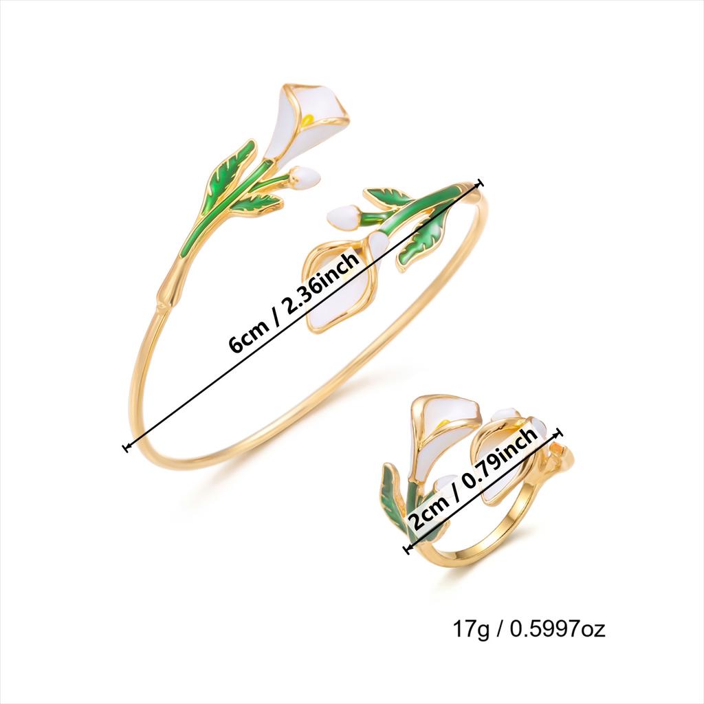 Women's Bracelet and Ring Set, Alloy Enamel Camellia Open Bracelet and Ring Set