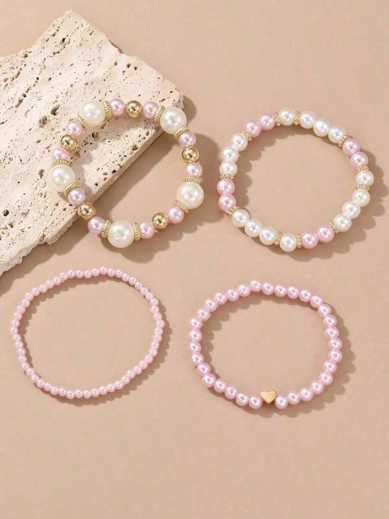 Women Elegant Faux Pearl Beaded Bracelets Combination Fashion Party Accessories