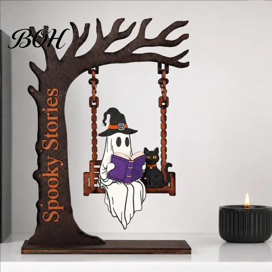 Handcrafted Wooden Art Pieces Halloween Desktop Swing Decor, Spooky Home Reading Ghost on A Figurine Wear Resistant Decorations for Living Room