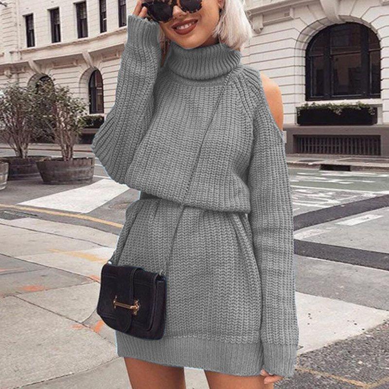 Premium Quality Autumn And Winter Mid Length High Collar Off Shoulder Sweater Dress Mini Dress For Effortless Style