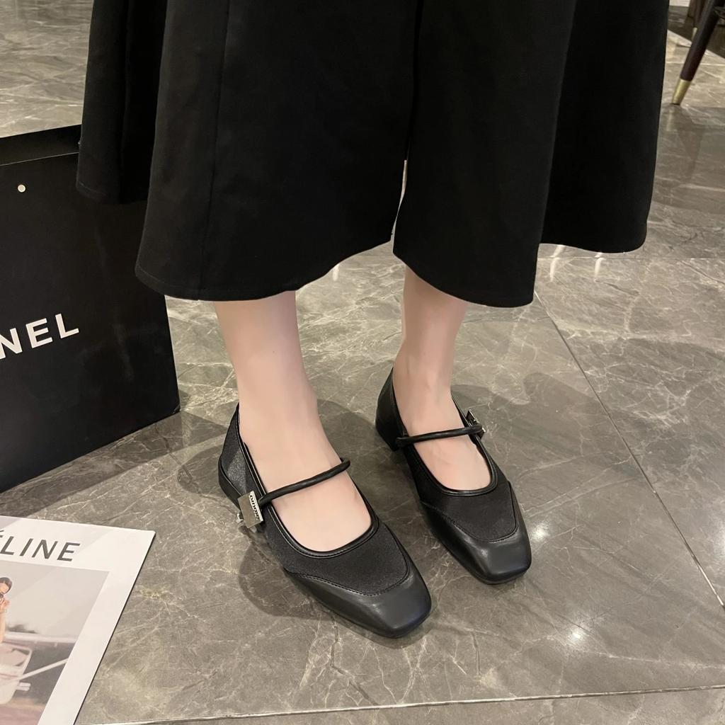 2024 Fashion Flats Women Genuine Cow Leather Cloth Square Toe Metal Decoration Patchwork Ladies Shoes Handmade