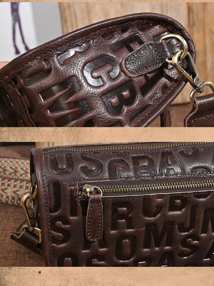 Johnature Retro Dámská taška z pravé kůže s ražbou písmen Všestranná široká ramenní popruh Ramenní crossbody taška