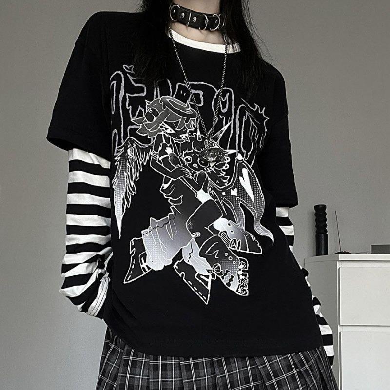 2KWEIRD Harajuku Woman Tshirts Shirts for Women Japanese Tees Ropa Mujer Patchwork Striped Casual Punk Y2k T-Shirt Oversized Tops