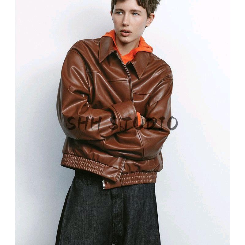 Spring New Women's Clothing French Retro Textured Poly Urethane Leather Fashion Pilot Jacket Outwear 4391859