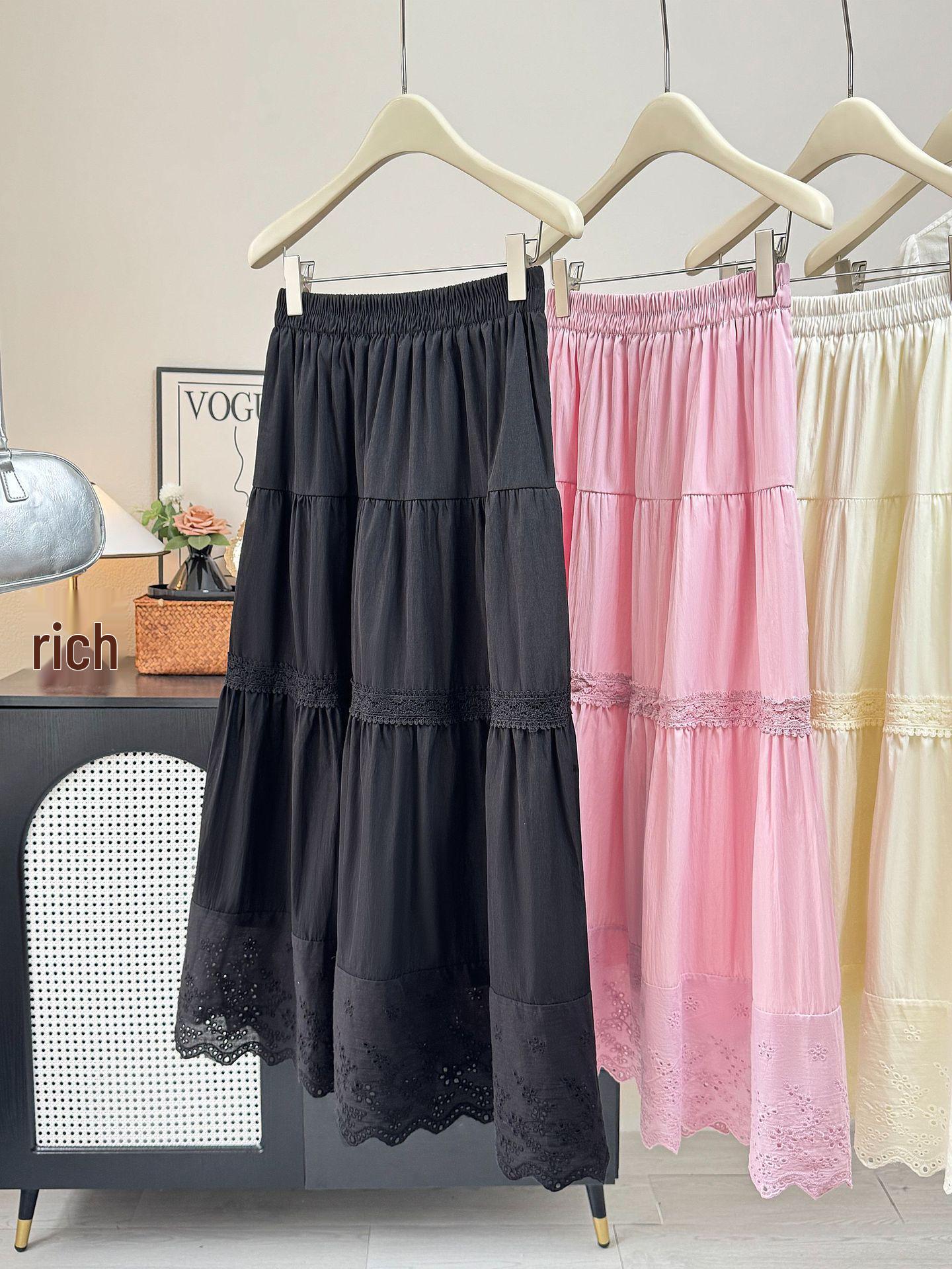 Кружевная Пэчворк Миди Юбка в Корейском Стиле - Универсальная Эластичная Талия, Ажурный Дизайн, Маленькая Белая Юбка для Женщин 2026 One Size чёрный