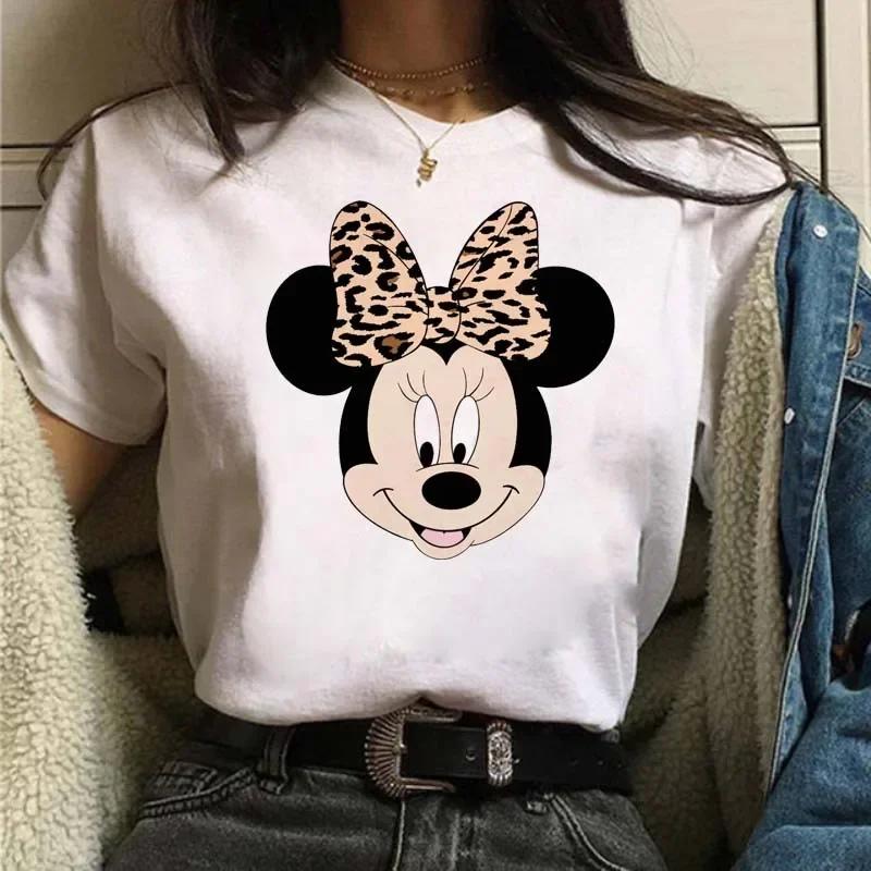 Cute T-Shirt Cartoon Tees Mickey Mouse Leopard Print Minnie Print White Short Sleeves Round Neck Tops Y2k Unisex