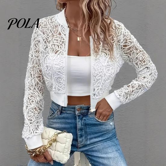 Lace Cutout Sleeves Jacket Women's Floral Jacket, Sexy See Through Long Lightweight Women Sleeve Crop Coat, Zip-Up Sheer Outerwear Spring for