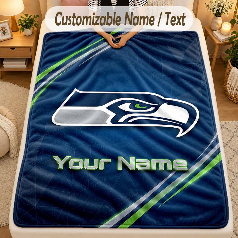 Flannel BlanketSeattle Seahawks Custom Name Text Personalized Soft Warm Throw Blanket Home Decor Gift