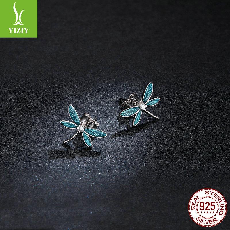Blue Oil-Dripping Dragonfly Stud Earrings, Niche Temperament Insect S925 Silver Earrings Bse455