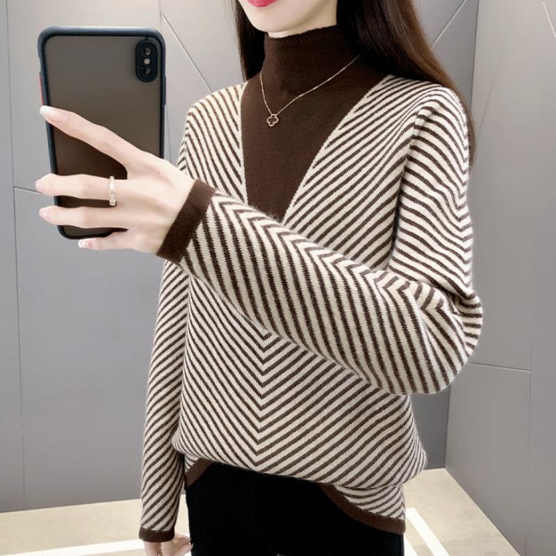 Velvet Integrated Sweater Base Sweater for WomenThickened and Warm Interior with Two Fake ItemsHalf High Neck Slim Fit Knitted Sweater Top