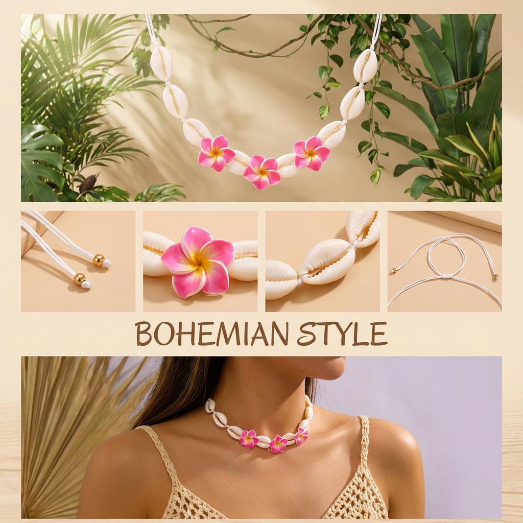 Bohemian Pink Plumeria Braided Necklace for Women Bohemia Sea Shell Hand-woven Choker Necklace Summer Beach Party Jewelry Gift