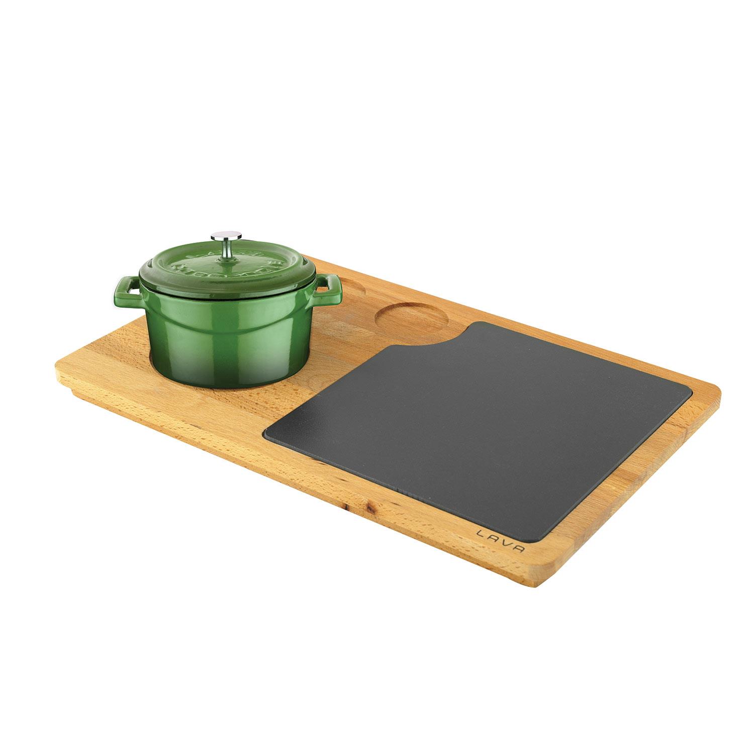 Lava Cast Iron Round Sets With Wooden Serving Platters. Trendy, 1-Handle, With Wooden Platter Dia. Ø 10cm.
