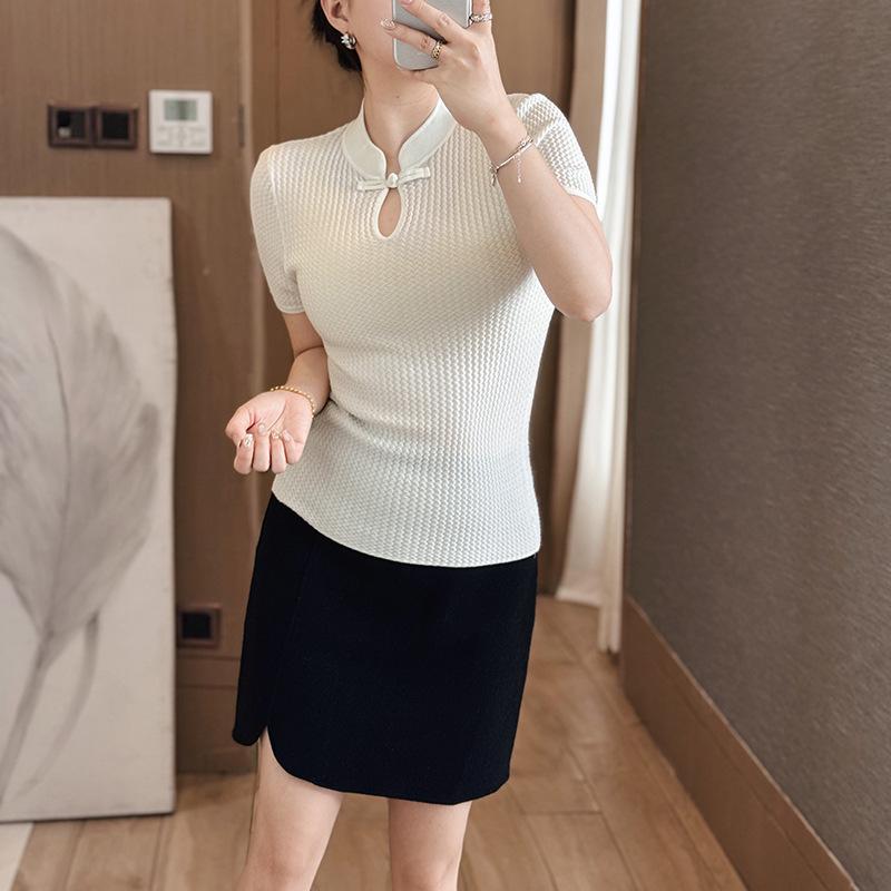 New Chinese Style Silk Blend Frog Button Waist-Hugging Knit Top - Women's Summer Short-Sleeve