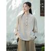 Spring/Autumn New Chinese Style Cotton Linen Women's Stand Collar Pullover Long Sleeve Shirt - Retro, Literary, and National Style Temperament.