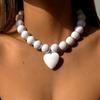 Acrylic Beaded Necklace Solid Cream Color Clavicle Chain Heart Pendant Choker  Vacation Outfit