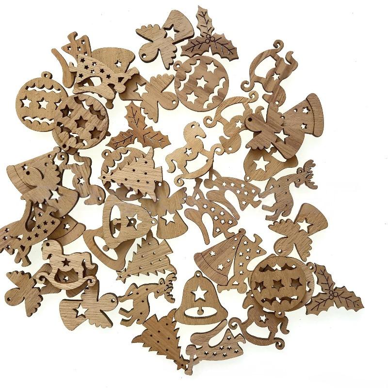 50PCS Mini Christmas Tree Snowflakes Stars Moose Bells Hats Socks Angels Christmas Unfinished Blank Wood Pieces Wood Slices