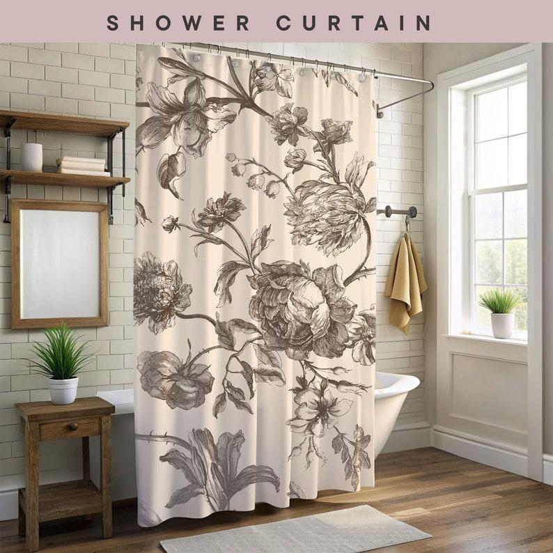 Floral Shower Curtain - French Toile Pattern, Ideal First Home Gift, Cottagecore Style, Botanical Bathroom Decor 90X180cm