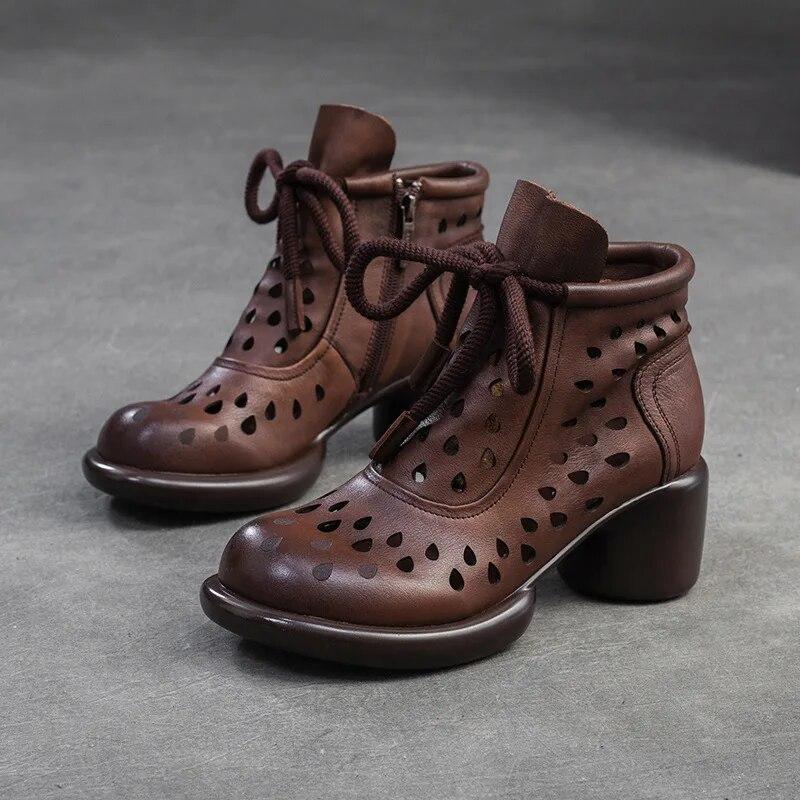 Johnature Retro Breathable Hollow-out Boots Sandals Genuine Leather Fashion High Heels Women's Shoes