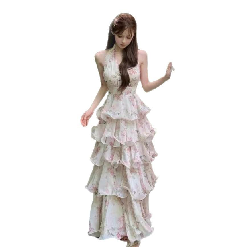 French Holiday Style Floral Halter Neck Dress Women's Summer New Design Waist Ruffle Cake Skirt