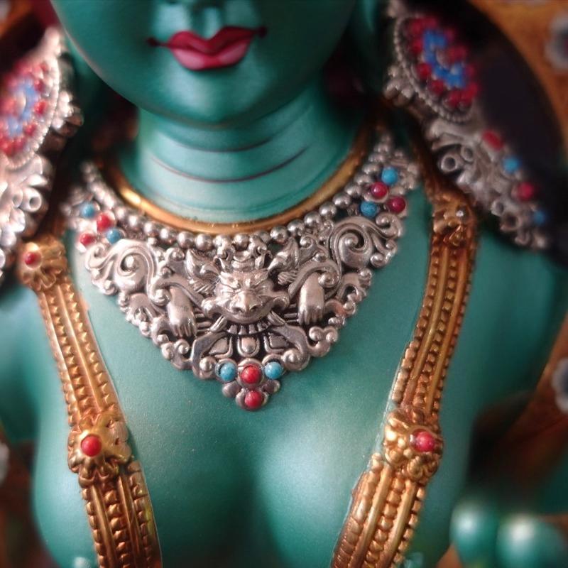 Nepal Tibet Craft Handmade Pure Copper Green Tara Statue Tibetan Buddhist Tantric Painted