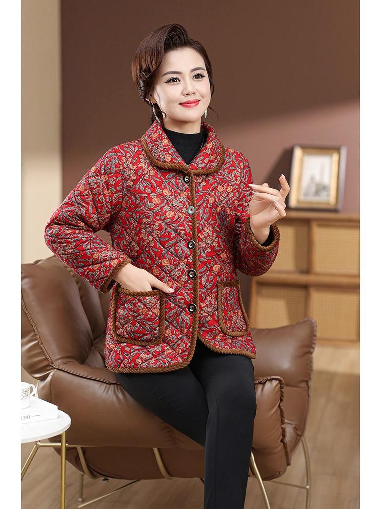 Mom's Winter Plus Size Velvet Cotton Plaid Jacket for Middle-Aged & Elderly