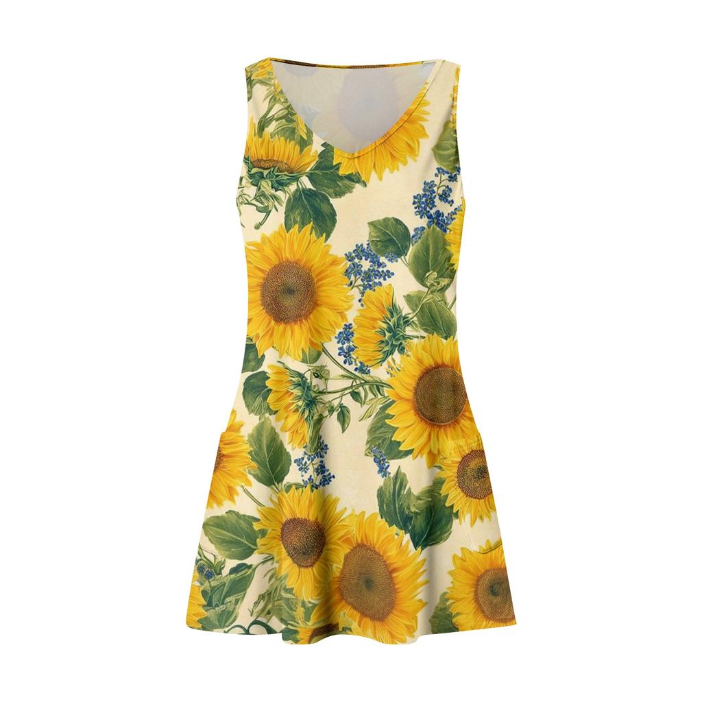 Women's Casual Fashion V-neck Sleeveless Floral Print Side Pocket Dress