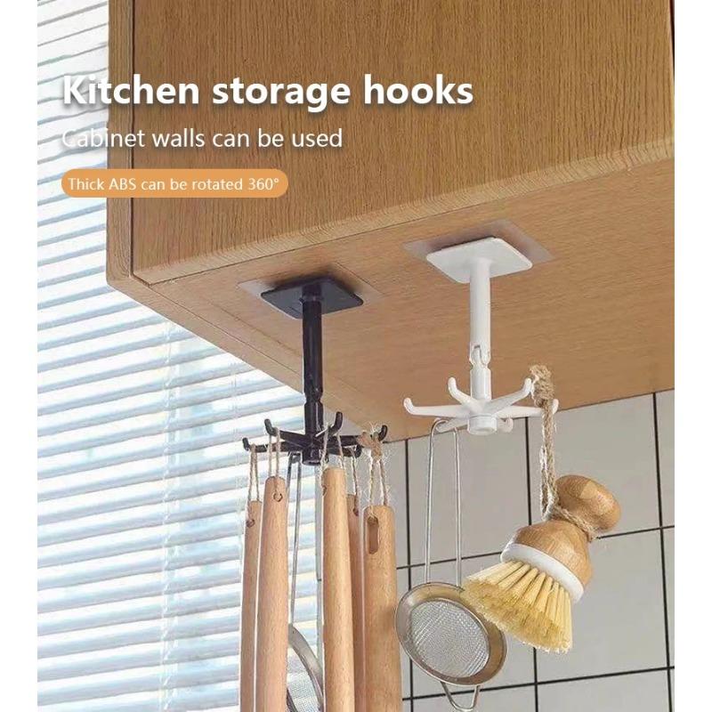 1/2PCS 360 Rotating Kitchen Hooks Folding Wall-Mounted Holder Multi-Purpose Hook Self-Adhesive Hook Utensil Rack with 6 Hooks