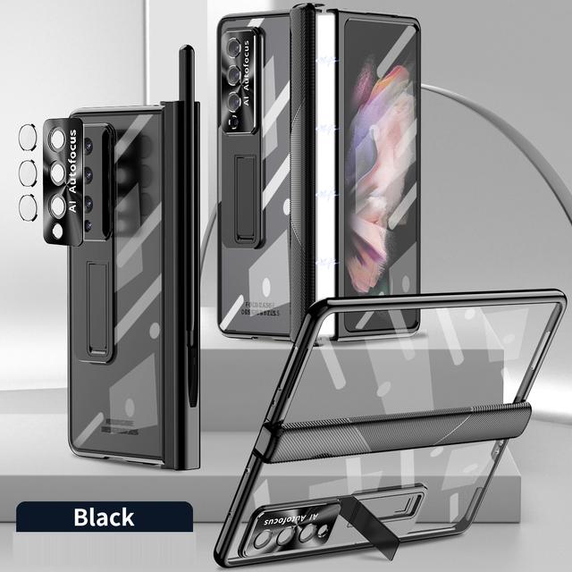 Magnetic Hinge Electroplate Frame Transparent Cover For Samsung Galaxy Z Fold 4 Case With Tempered Glass S Pen Bracket
