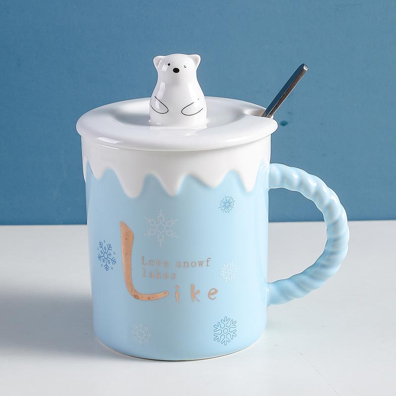 Cute Polar Bear Ceramic Mug With Lid Spoon Coffee Cups Creative Drinkware Coffee Tea Milk Cup Gifts
