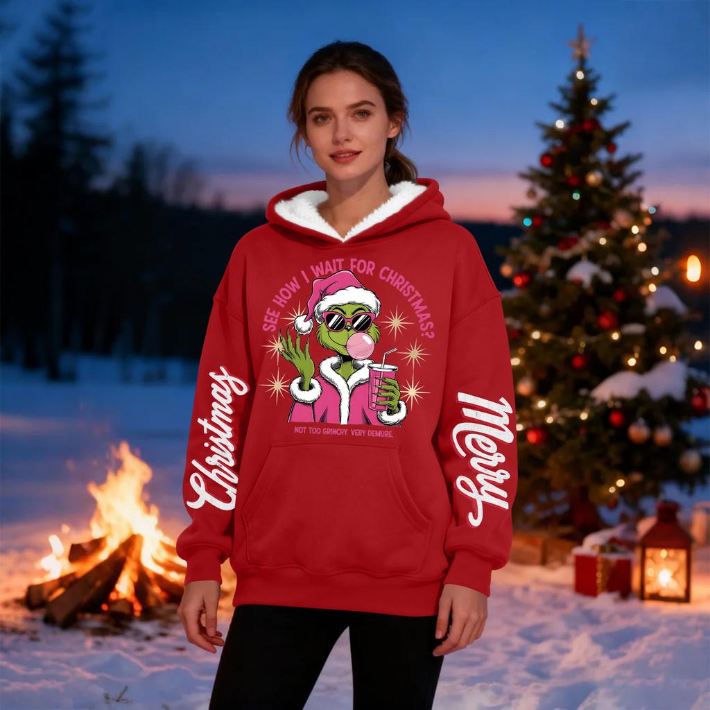 Dámská ležérní móda Plus sametová zateplená mikina s kapucí s vánočním potiskem