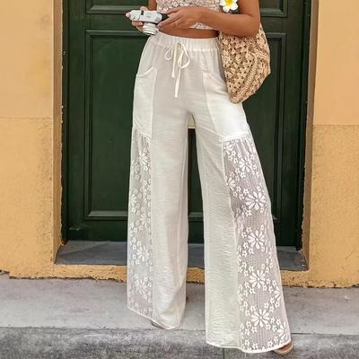 Women's White Wide Leg Pants with Side Cutout Floral Detail Drawstring Waist Casual Trousers