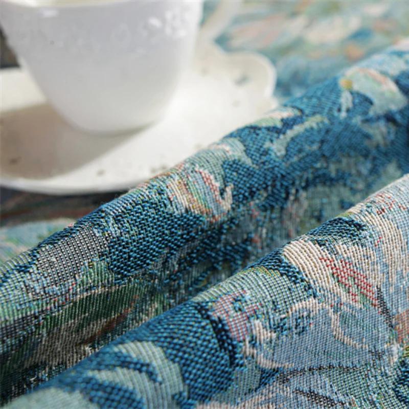 Floral Linen Cotton Tablecloth With Tassel Blue Retro Table Table Cover Round Dining Table Cover Tea Cloth Desktop Decoratio