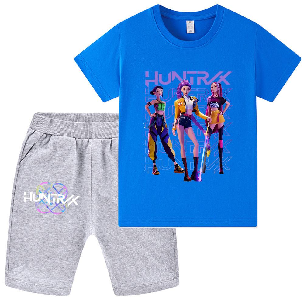 

WA1235 Kids Boys Girls Kpop Rumi Zoey Mira Print Short Sleeves T-shirt Shorts Pants Sets 160cm