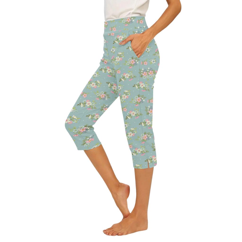 Women Casual Elastic Waist Capri Pants Slim Fit Cropped Trousers with Side Pockets and Leg Slits for Comfortable Daily Wear