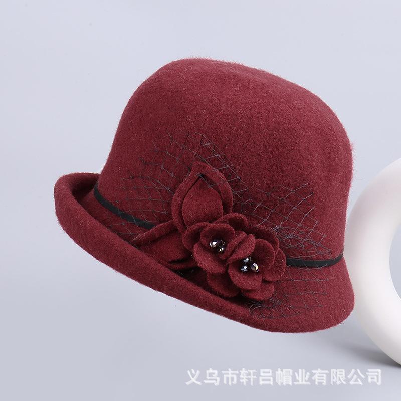 Hat women's autumn and winter fashion flower bucket hat crimped wool basin hat women's British retro bowler hat