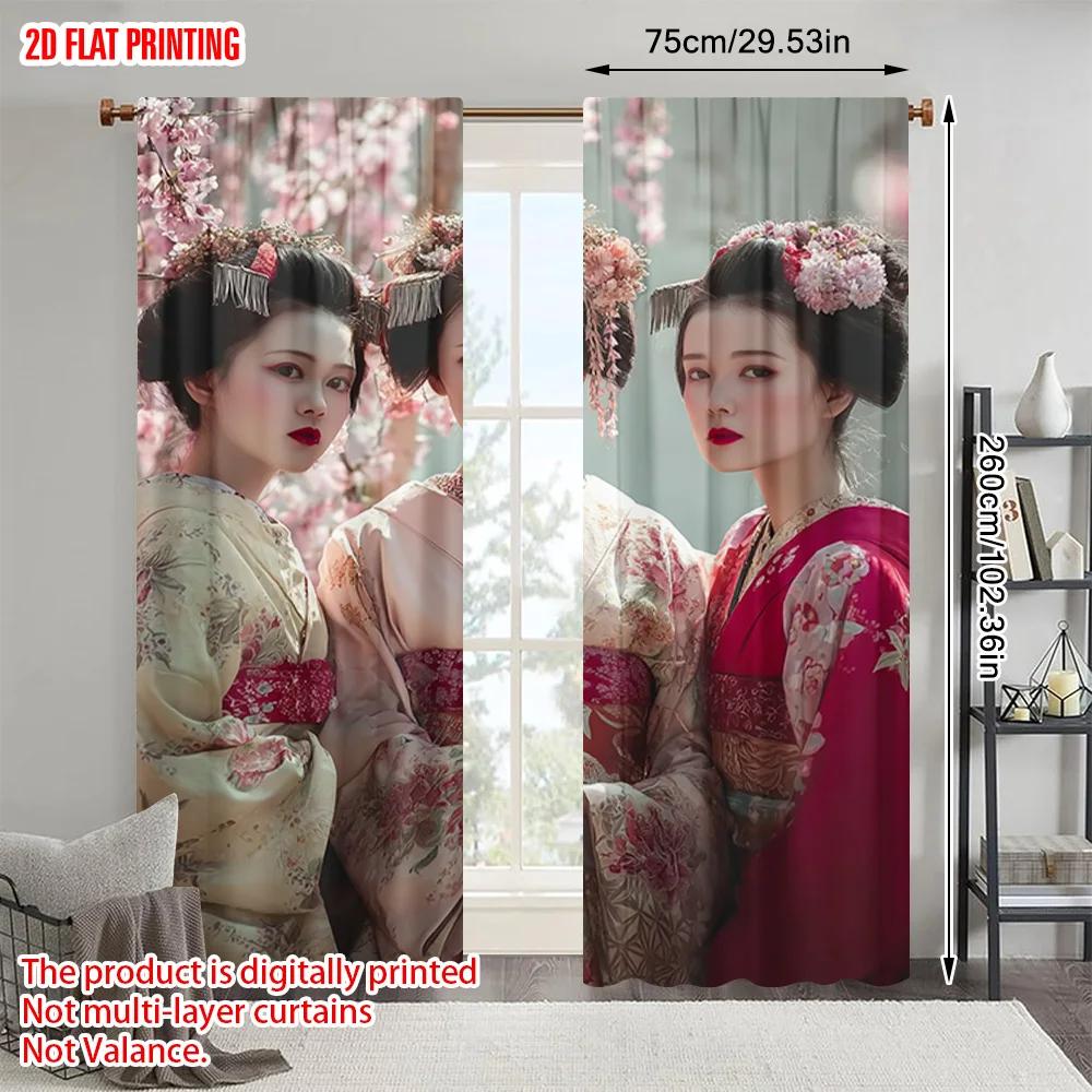 2pcs   plane printing Curtains&Window Treatment Sakura and geisha characters Polyester Woven (without rod) Art Deco Festive