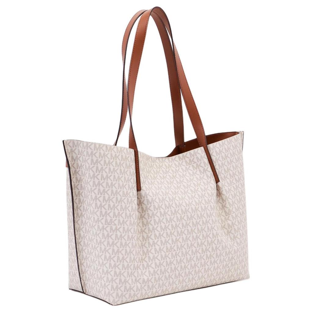 Michael Kors MK Emilia Borsa a Tote da Lavoro Fashion Design Monogramma Classico con Lacci in Pelle da Donna Vanilla-Bianco Pelle-Marrone 35S1GU5T7B-150