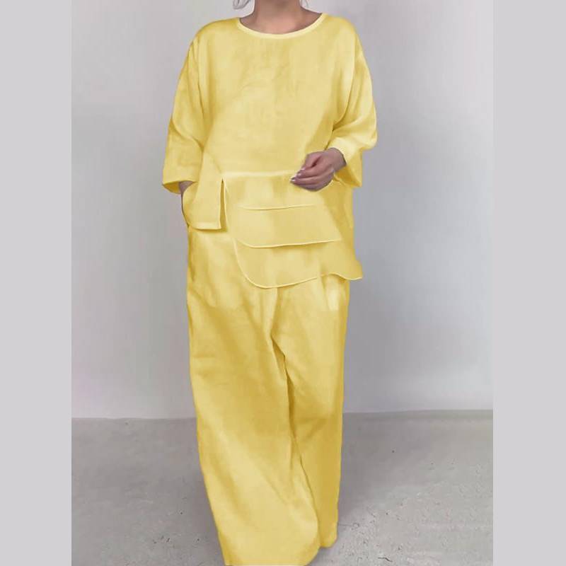 Classic Satin Shirt And Wide Leg Pants Set For Women With Pockets For Fall