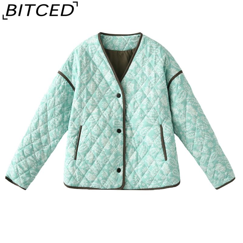 

BITCED Женская осенне-зимняя модная повседневная стеганая хлопковая куртка пэчворк с принтом и V-образным вырезом L зелёный