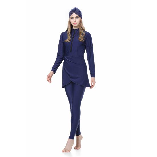 Conjunto de 3 Peças/Conjunto Feminino Maiô Dividido Saia Frontal Fechamento Seguro com Zíper Proteção UV Tops Calças Compridas para Natação Conjunto com Lenço de Cabeça