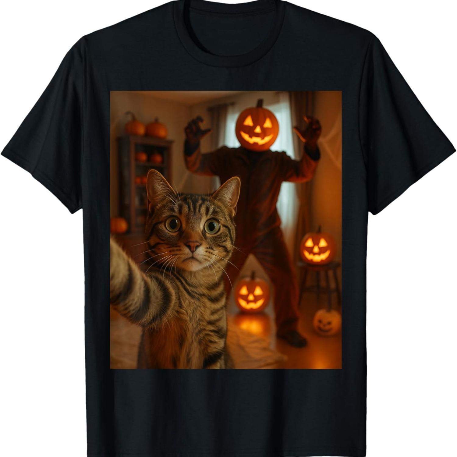 Funny Cat Selfie with Skeleton Scary Halloween Meme T-Shirt(1) - Men s Summer Cotton Graphic Tee S