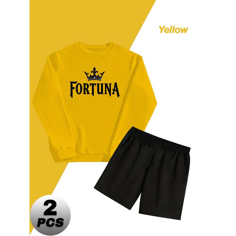 Polyester Men s Crew Neck Sweatshirt and Shorts Casual Tracksuit XXL жёлтый