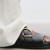 Fashion Black Pu Metal Buckle Brand Flat Sandals Women Fashion Broadband Open Toe Thick Bottom Slippers Comfort Soft Sole Beach Sandals