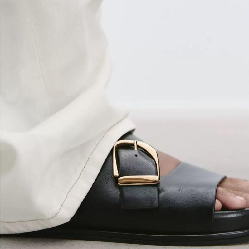 Fashion Black Pu Metal Buckle Brand Flat Sandals Women Fashion Broadband Open Toe Thick Bottom Slippers Comfort Soft Sole Beach Sandals