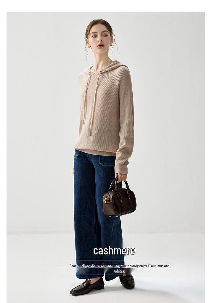 Elegant Women's Cashmere Hooded Sweater - Winter 2026 Style, Solid Color, Thick Base Layer, Loose Fit, Slimming Knitwear