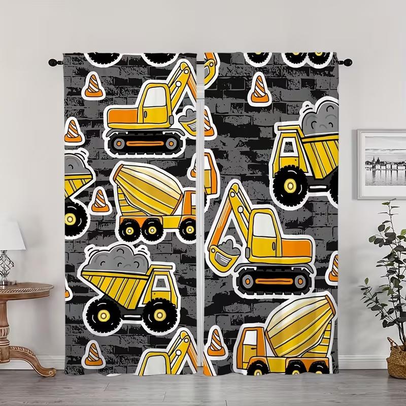 2 Stück Vorhänge mit Baustellenfahrzeug-Print, geeignet für Schlafzimmer-, Wohnzimmer-, Küchendekoration, Heimdekoration, Fensterdekoration
