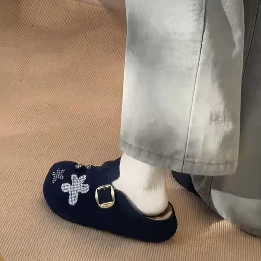 French navy blue fluffy slippers flower beacon shoes women's 2025 autumn and winter new soft leather one pedal bag head half slippers