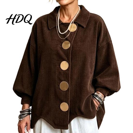 Laternenärmel Mantel Damen Cordjacke mit großen Metallknöpfen Lässig Damen für Herbst Winter Lockere Passform Oversized Kragen Oberbekleidung Knopfleiste